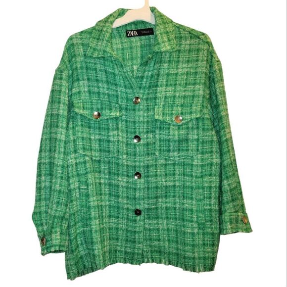 Zara Tweed Textured Woven Plaid Fray Overshirt Shacket Shirt Jacket Green Large - Picture 1 of 6